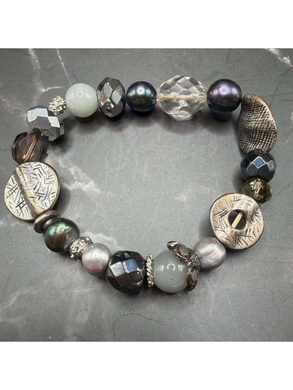 Artisan Mixed Media Beaded Stretch Bracelet with Pearls and Crystals